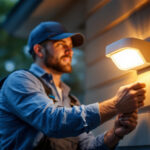 A photograph of a lighting contractor installing a motion sensor lamp in a residential setting