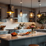 A photograph of a beautifully designed island kitchen featuring a variety of lighting options