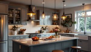 A photograph of a beautifully designed island kitchen featuring a variety of lighting options