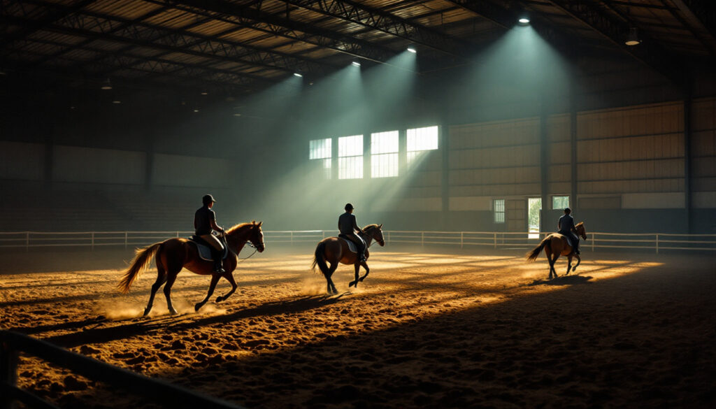A photograph of a well-lit indoor horse arena showcasing the interplay of natural and artificial lighting