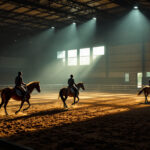 A photograph of a well-lit indoor horse arena showcasing the interplay of natural and artificial lighting