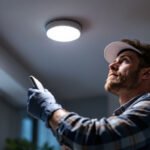 A photograph of a lighting contractor installing a motion sensor recessed light in a modern home setting