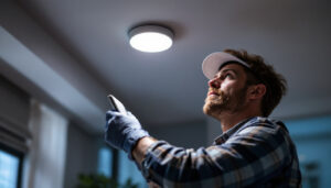 A photograph of a lighting contractor installing a motion sensor recessed light in a modern home setting