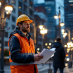 A photograph of a lighting contractor showcasing a variety of street lights in an urban setting