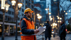 A photograph of a lighting contractor showcasing a variety of street lights in an urban setting