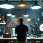 A photograph of a lighting contractor evaluating various lighting options