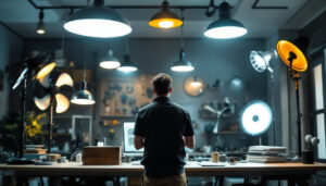 A photograph of a lighting contractor evaluating various lighting options