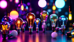 A photograph of a variety of specialized light bulbs in a visually appealing display