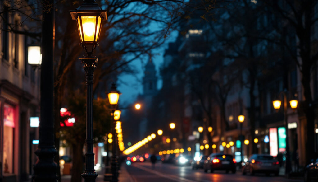 A photograph of a well-lit urban setting featuring a series of stylish lamp post lights illuminating a bustling street