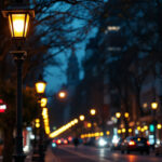 A photograph of a well-lit urban setting featuring a series of stylish lamp post lights illuminating a bustling street