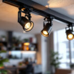 A photograph of a well-designed track lighting setup featuring led lights in a modern interior space