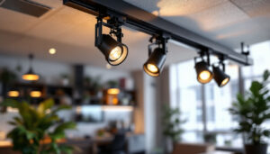 A photograph of a well-designed track lighting setup featuring led lights in a modern interior space