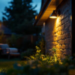 A photograph of a well-lit outdoor space featuring solar-powered lights in use at dusk