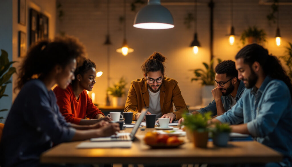 A photograph of a well-lit workspace featuring a team of diverse individuals collaborating on a lighting design project