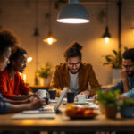 A photograph of a well-lit workspace featuring a team of diverse individuals collaborating on a lighting design project