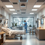 A photograph of a well-lit hospital environment featuring various types of lighting fixtures in use