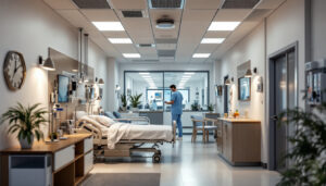 A photograph of a well-lit hospital environment featuring various types of lighting fixtures in use
