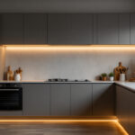 A photograph of a stylish kitchen featuring low voltage under cabinet lights illuminating countertops and creating a warm ambiance