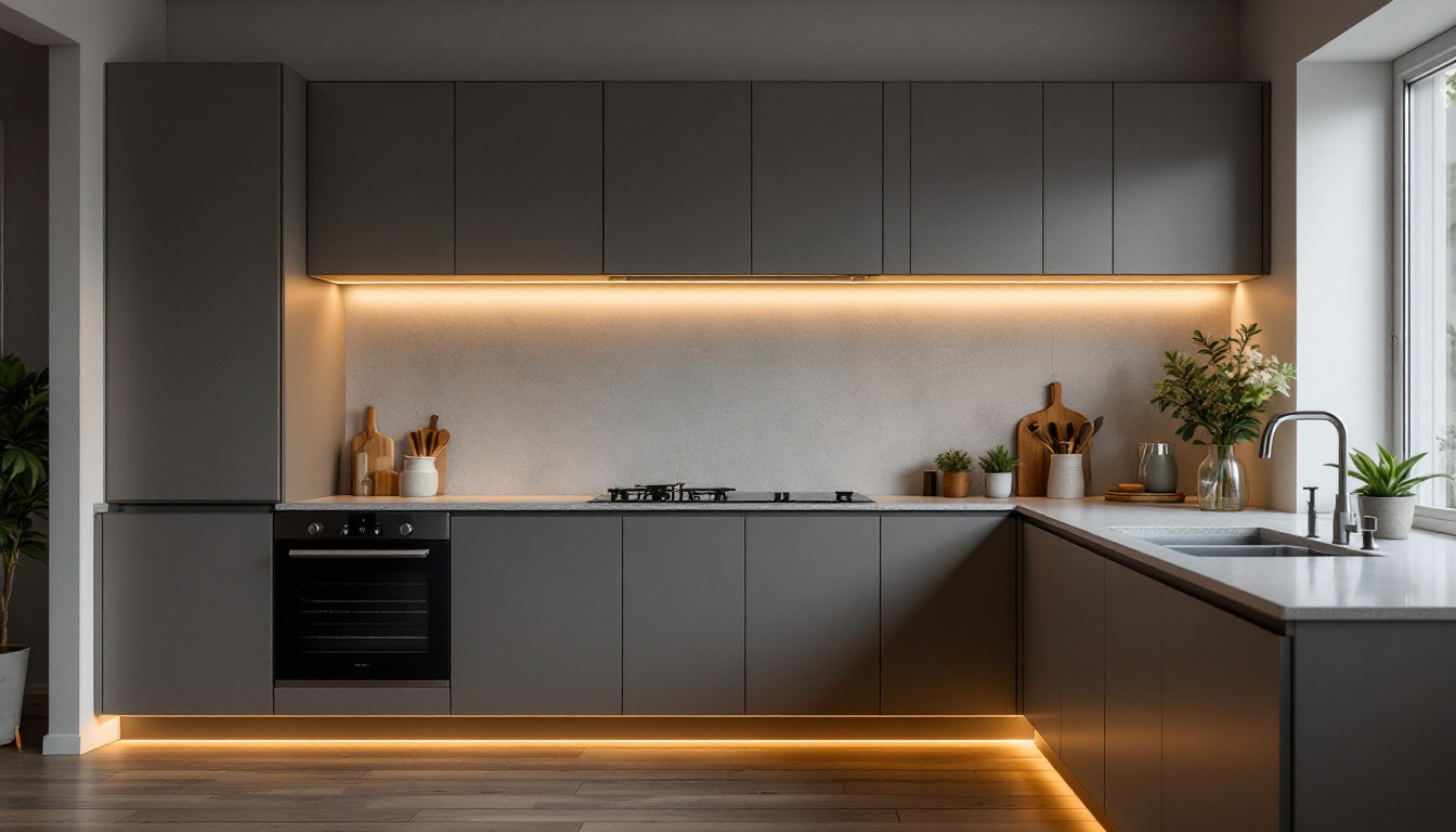 A photograph of a stylish kitchen featuring low voltage under cabinet lights illuminating countertops and creating a warm ambiance