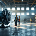 A photograph of a brightly lit warehouse interior showcasing large industrial fans in action