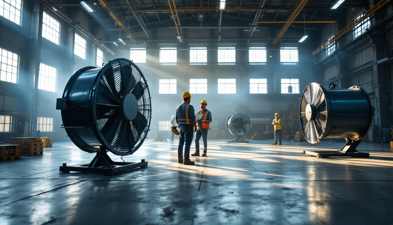 A photograph of a brightly lit warehouse interior showcasing large industrial fans in action