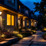 A photograph of a beautifully illuminated outdoor space featuring solar led lights