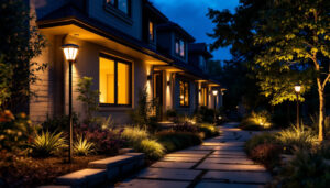 A photograph of a beautifully illuminated outdoor space featuring solar led lights