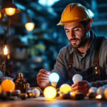 A photograph of a lighting contractor examining a variety of led bulbs in a well-lit workshop