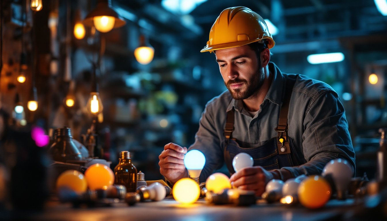 A photograph of a lighting contractor examining a variety of led bulbs in a well-lit workshop