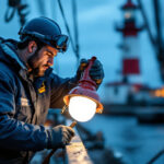 A photograph of a skilled lighting contractor at work