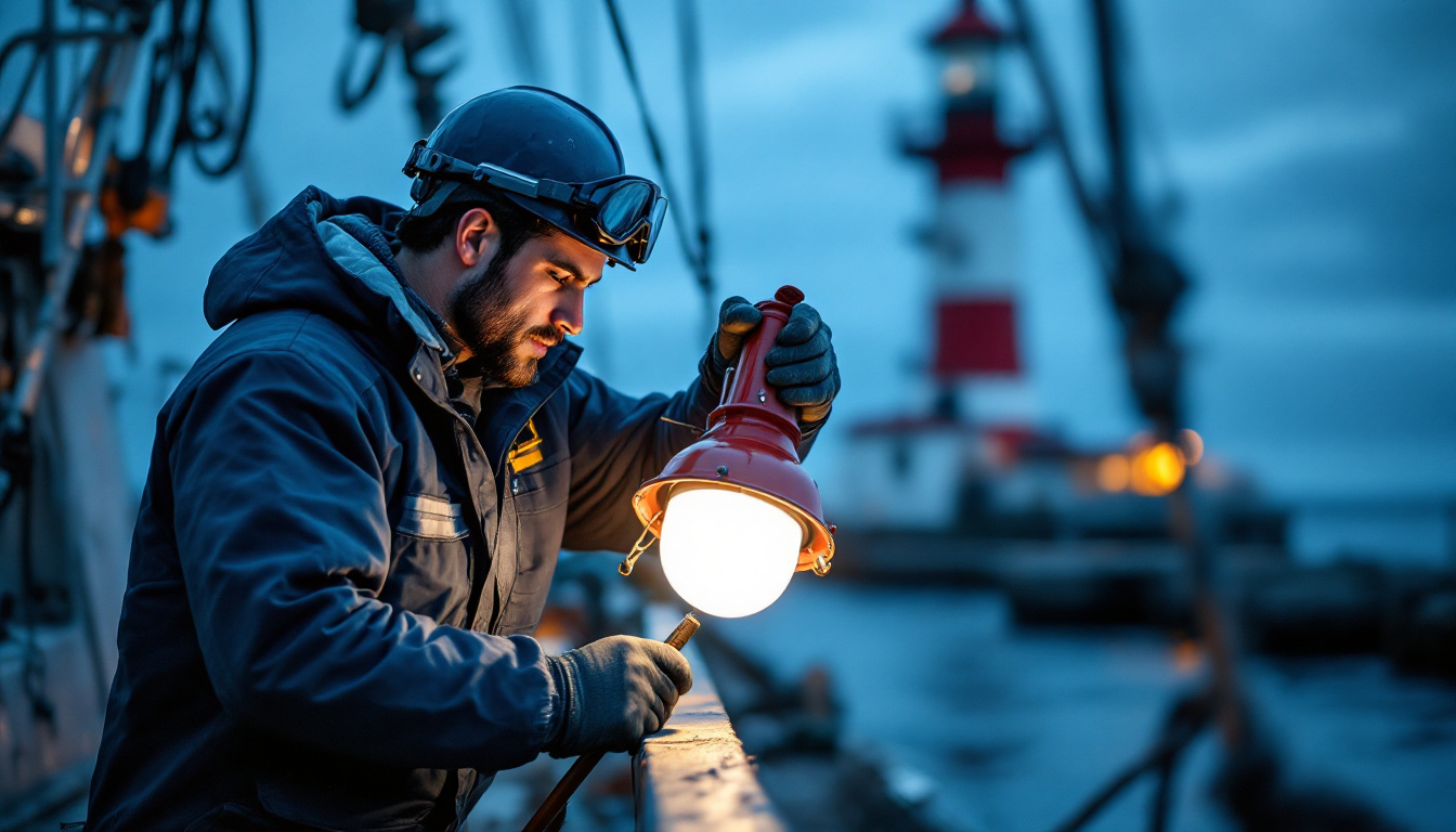 A photograph of a skilled lighting contractor at work