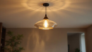 A photograph of a beautifully designed ceiling hanging light fixture in a stylish interior setting