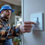 A photograph of a lighting contractor efficiently installing a 3-speed fan switch in a residential setting