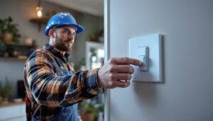 A photograph of a lighting contractor efficiently installing a 3-speed fan switch in a residential setting