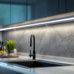 A photograph of a well-lit kitchen featuring sleek under cabinet strip lights illuminating the countertop