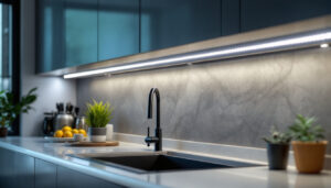 A photograph of a well-lit kitchen featuring sleek under cabinet strip lights illuminating the countertop