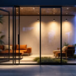 A photograph of capture a photograph of a modern lighting installation featuring motion detectors in a stylish indoor or outdoor setting