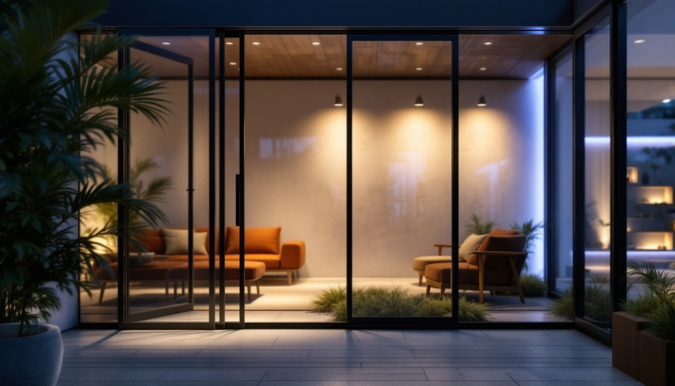 A photograph of capture a photograph of a modern lighting installation featuring motion detectors in a stylish indoor or outdoor setting