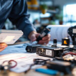 A photograph of a lighting contractor examining various led drivers and compliance documentation in a well-lit workspace