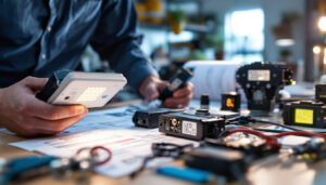A photograph of a lighting contractor examining various led drivers and compliance documentation in a well-lit workspace