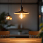 A photograph of a stylish led pendant light fixture hanging in a modern