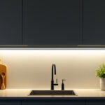 A photograph of a beautifully illuminated kitchen countertop featuring sleek under-cabinet lighting
