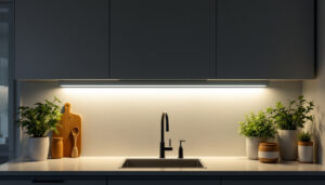 A photograph of a beautifully illuminated kitchen countertop featuring sleek under-cabinet lighting