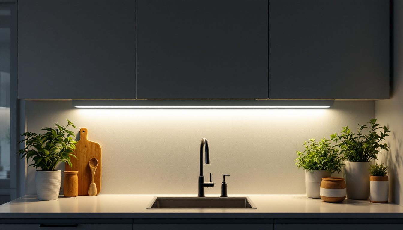 A photograph of a beautifully illuminated kitchen countertop featuring sleek under-cabinet lighting