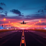 A photograph of capture a photograph of a busy airport runway at dusk