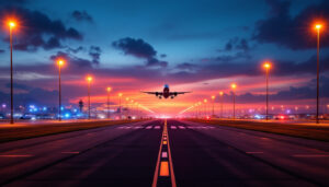 A photograph of capture a photograph of a busy airport runway at dusk