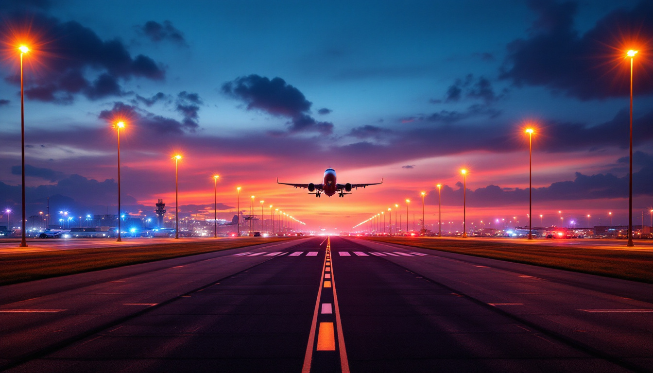A photograph of capture a photograph of a busy airport runway at dusk
