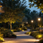 A photograph of a beautifully illuminated outdoor space featuring various sensor-activated lights in action
