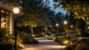 A photograph of a beautifully illuminated outdoor space featuring various sensor-activated lights in action