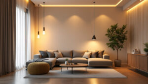 A photograph of a beautifully designed living space illuminated by various led house light fixtures